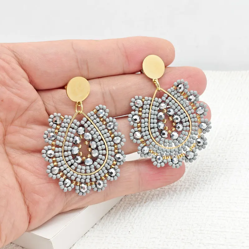 ZGMXR Rice bead earrings Crystal Water droplet Hollow out Hand-woven Bohemia Alloy Woman Simple Fashion Beaded earrings