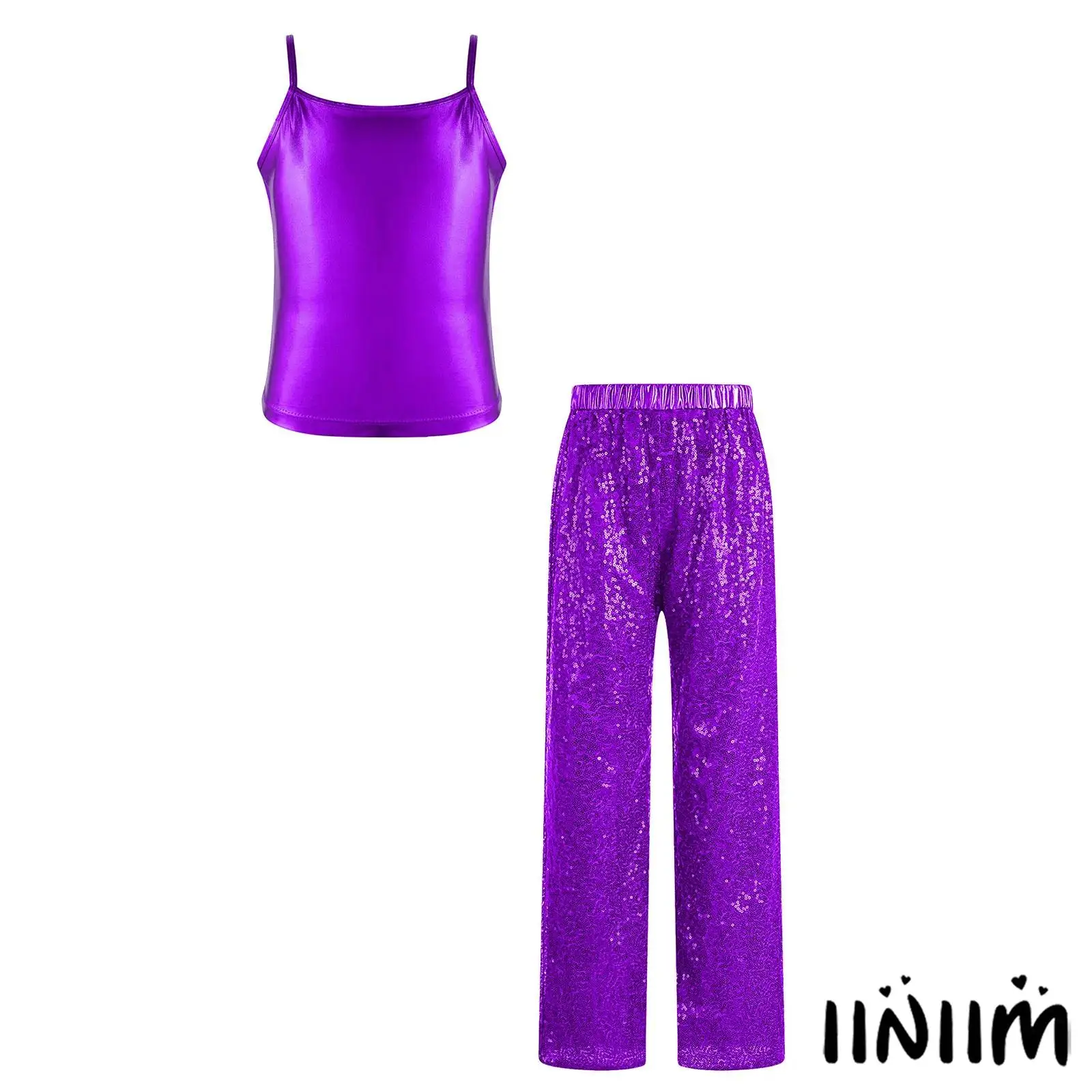 

Girls Jazz Dance Performance Outfit Spaghetti Shoulder Straps Metallic Camisole with Elastic Waistband Sparkling Sequin Pants