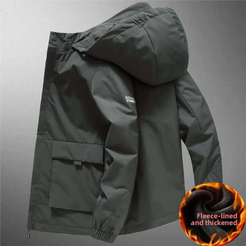 

Мужская ветрозащитная куртка свободного кроя с подкладкой, большой размер, для работы, со съемным капюшоном, хлопок/полиэстер, городской стиль