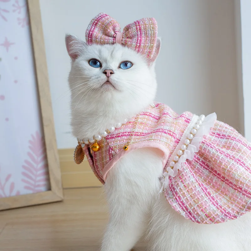 Cute Cat Skirt Necklace Hair Accessory Set High Quality Pearl Plaid Jacket Soft Texture Kitten Dress for Party Shooting Clothes