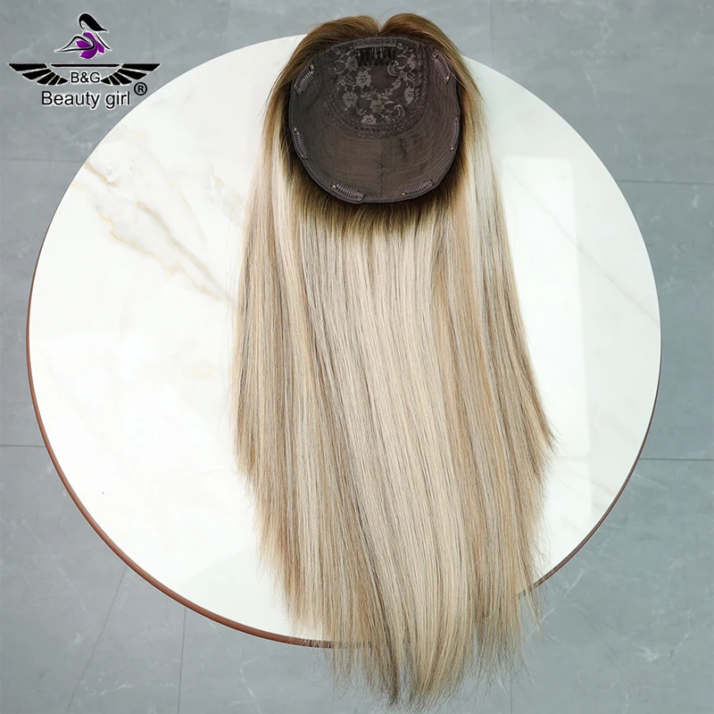 Blond cendré grande taille de Base 8X8 pouces européen Remy vierge cheveux humains Base en soie juive Topper pour les femmes