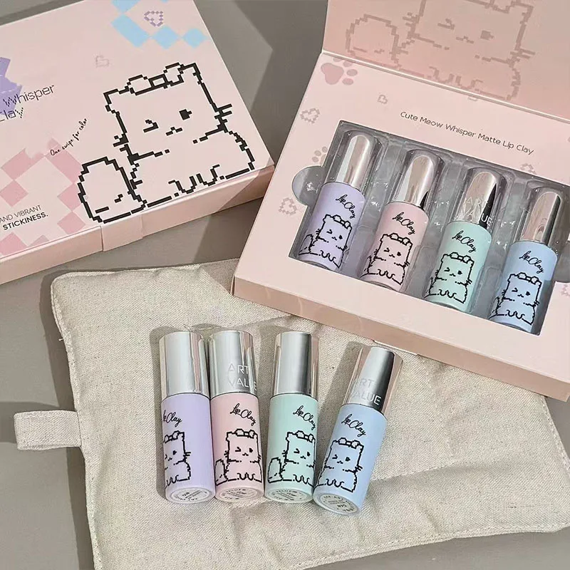 4 قطعة مجموعة طين الشفاه Kawaii القط المخملية أحمر الشفاه عارية ماتي الملمس حريري سهل التلوين طويلة الأمد الشفاه الصقيل ماكياج هدايا مثالية