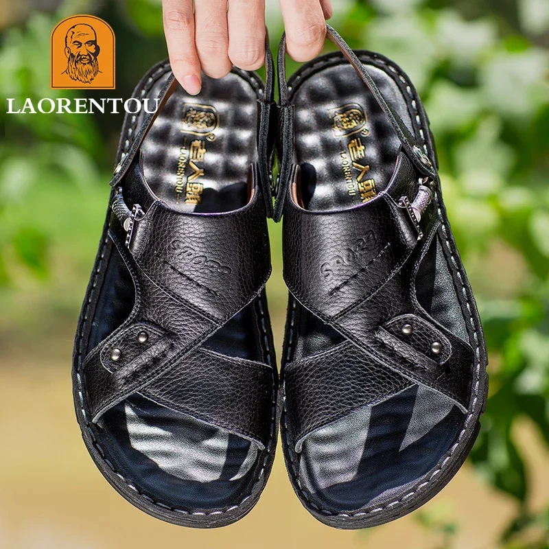 LAORENTOU leather male sandals casual beach shoes wear non-slip sandals and sliers cowhide