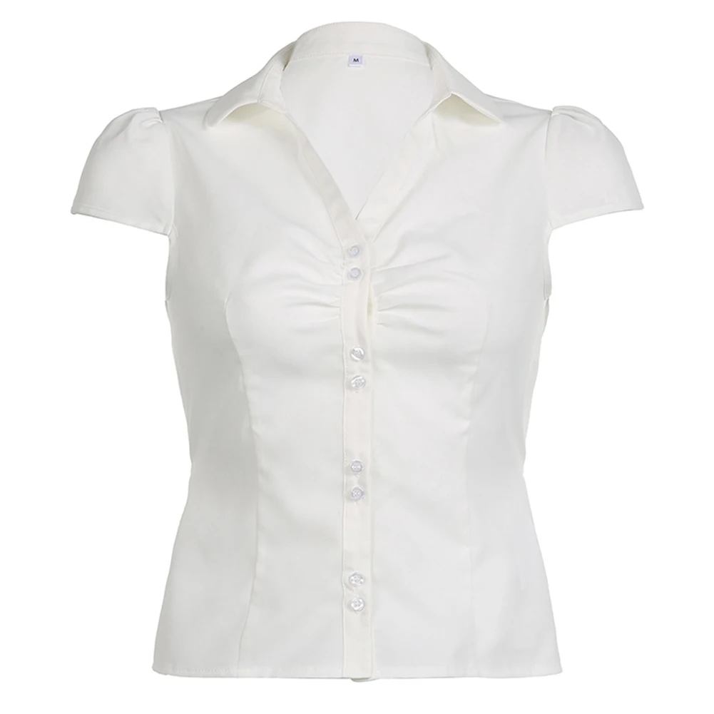 Moda feminina plissada casual fivela simples gravata camisa de manga curta