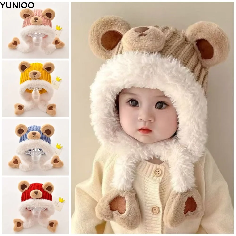 

Милые детские шапки-бини с мультяшным медведем, утепленные, с защитой ушей, мягкие, с регулируемым ремешком, осенне-зимние