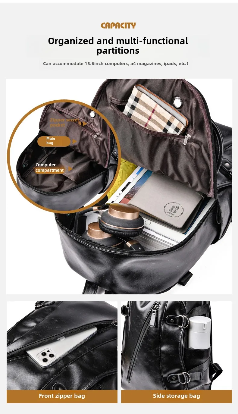 soft PU leather vintage casual backpack for men large capacity travel backpacks male laptop shoulder bag waterproof work mochila