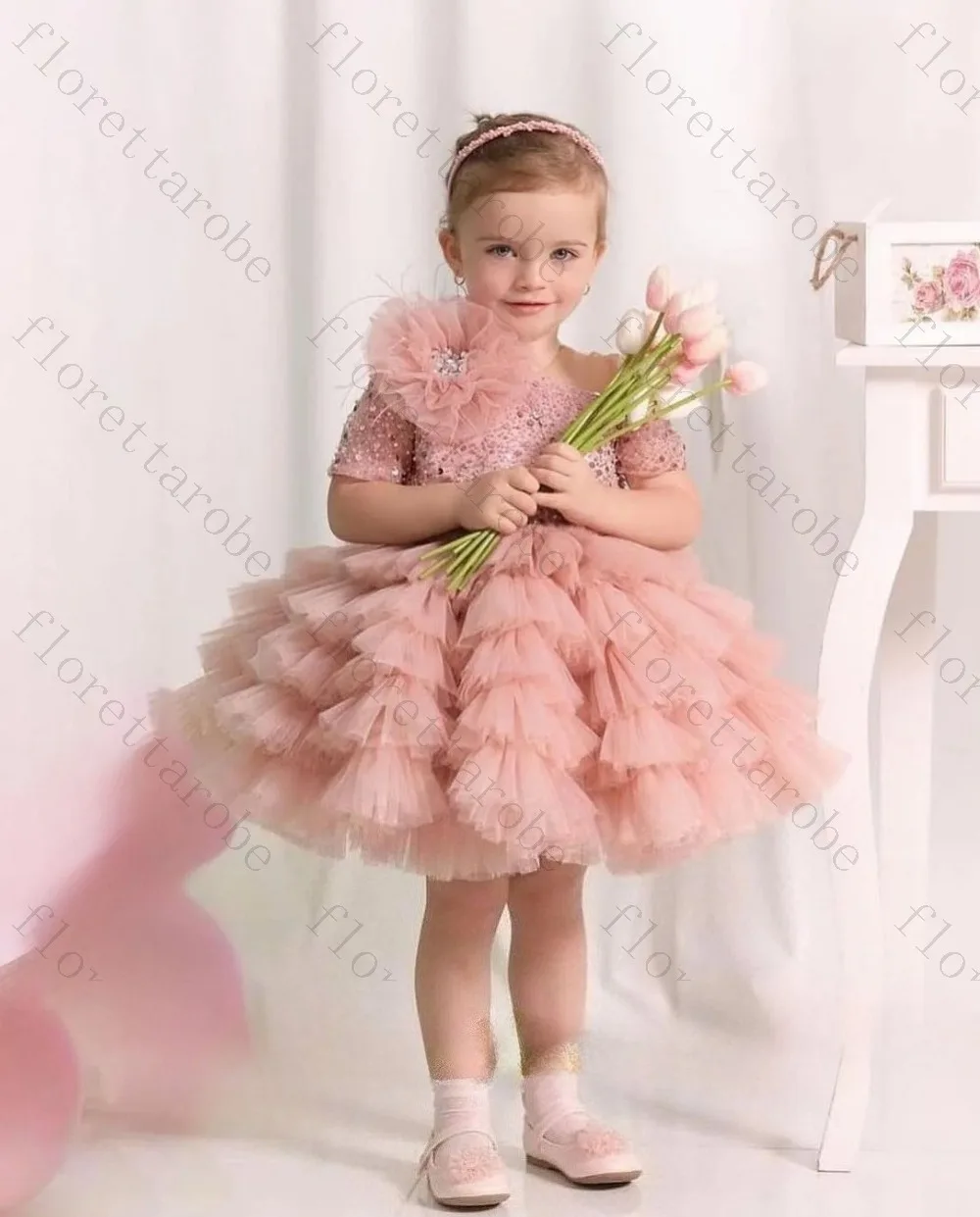 Customized Dusty Pink Short Sleeve Sequin Kids Tutu Dress Big 3D Flower Decor Multi Layer Ruffle Tulle Skirt Birthday Wedding