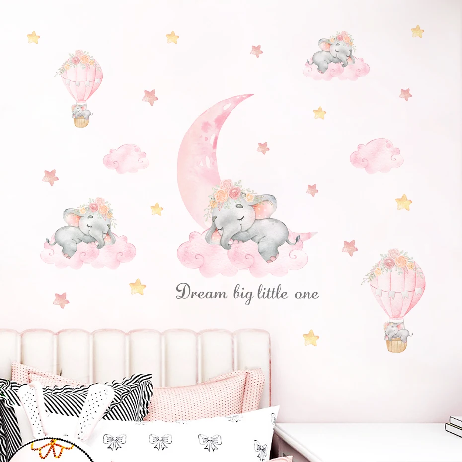 

Cartoon Cute Flying Elephant Balloon Stars Wall Decals Watercolor Vinyl Nursery Print Kids Boys Girls Room Interior Home Decor