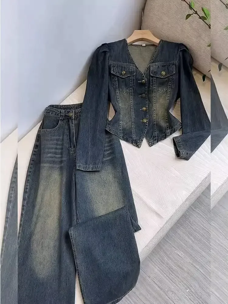 V-Ausschnitt Denim Mantel weites Bein Jeans Hose 2-teiliges Set Damen Outfits Y2k Anzüge Vintage Herbst Winter Jacke lose Hosen Z332