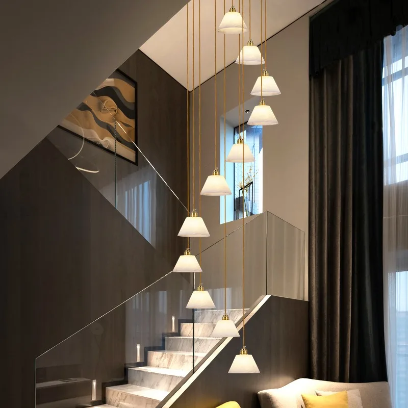 

Spanish marble staircase lamp, light luxury duplex building, long hanging lamp, modern and simple villa hall, rotating lamp