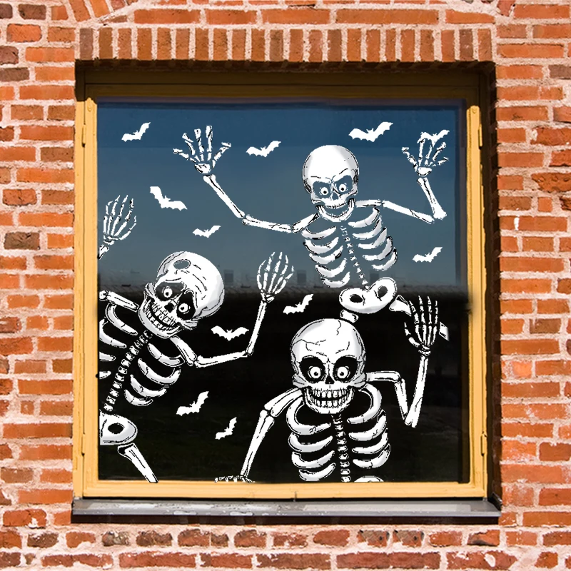 4Sheets Halloween Skeletons Window Sticker Glass Door PVC Self Adhesive Removable Wallpaper Halloween Haunted House Wall Sticker