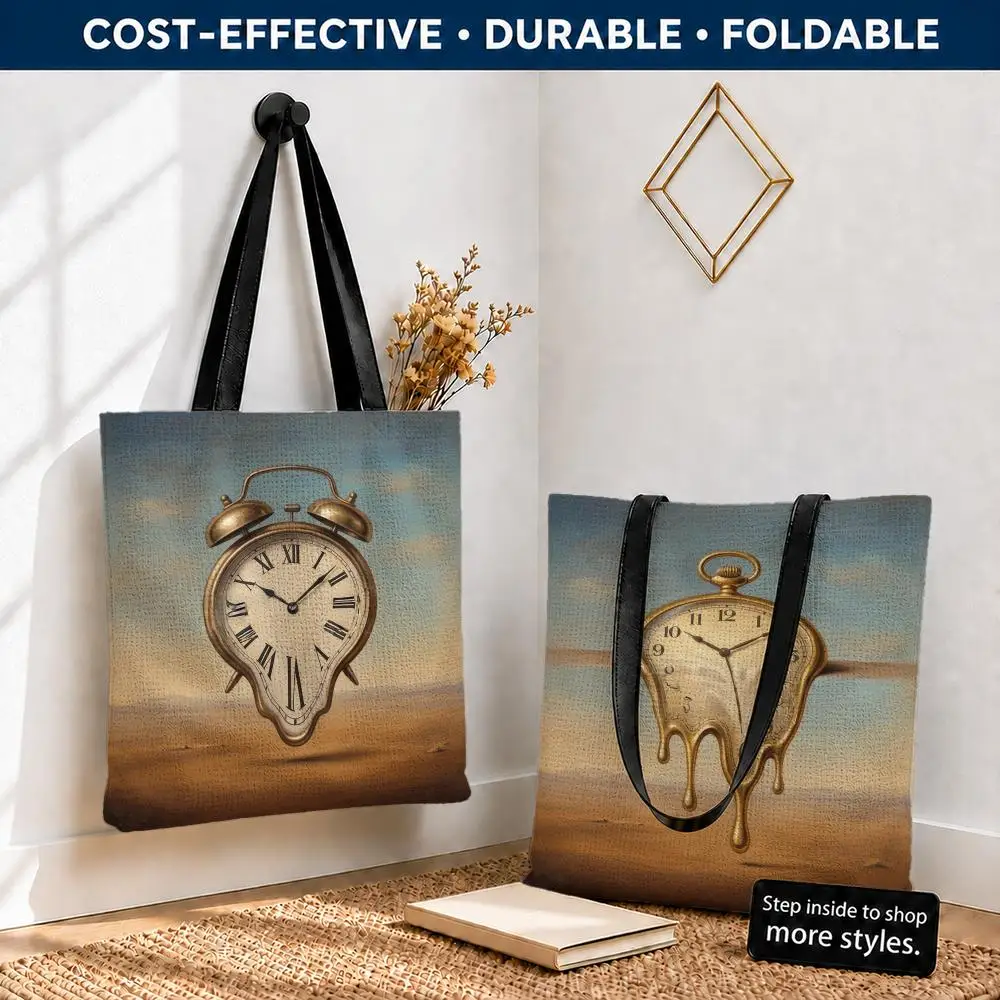 Surreal melting clock aesthetic Storage Bags Polyester Canvas Tote Lightweight Foldable Reusable Shopping Bag Shoulder Straps