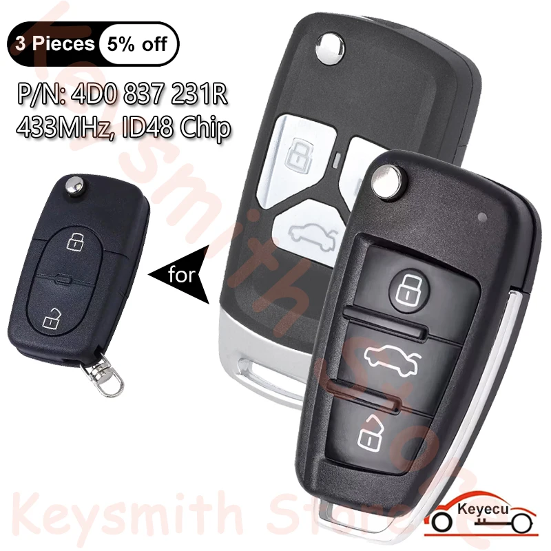 KEYECU 2 Buttons 433MHz ID48 Chip for Audi A2 A3 A4 A6 A8 TT RS4 Auto Upgraded Flip Remote Key Fob HLO 4DO 837 231 R, 4D0837231R