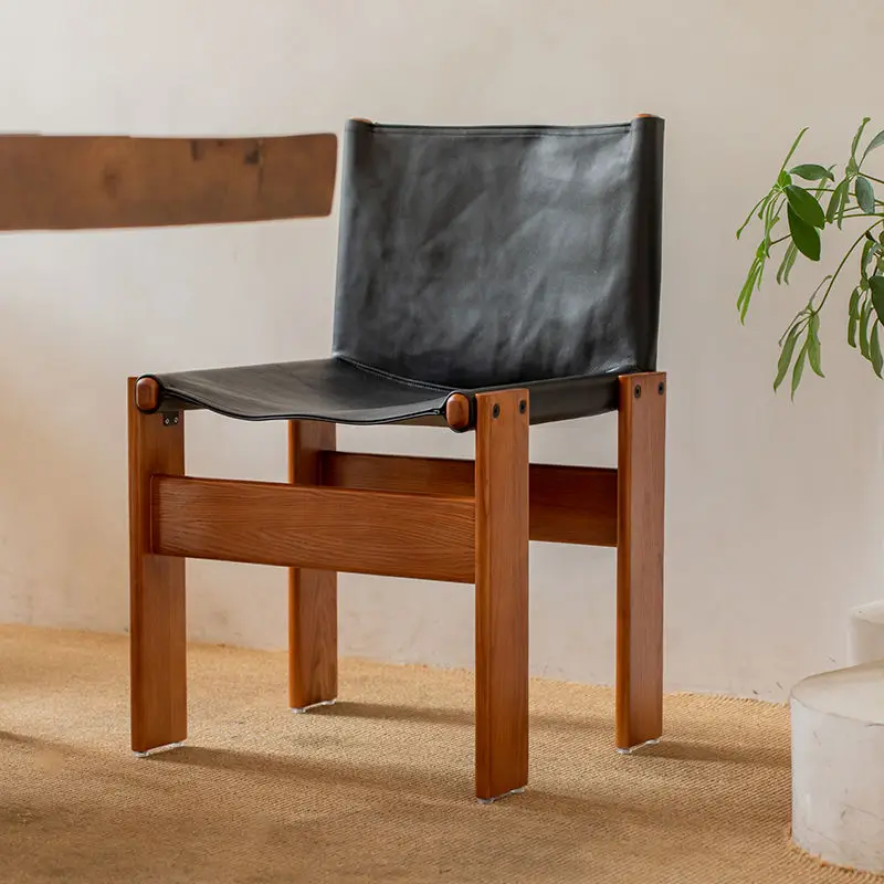 Solid Wood Dining Chair Mid-Century Modern Style Waxed Leather Upholstered Back Comfortable Seat for Kitchen Restaurant Cafe