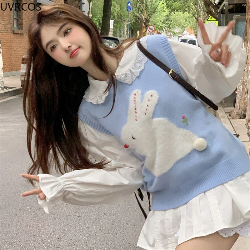 Sweet Lolita Knitted Sweater Vest Women Kawaii Bunny Print Flower Princess Crop Tops Y2k Aesthetics Knitwear Coat Cute Clothes