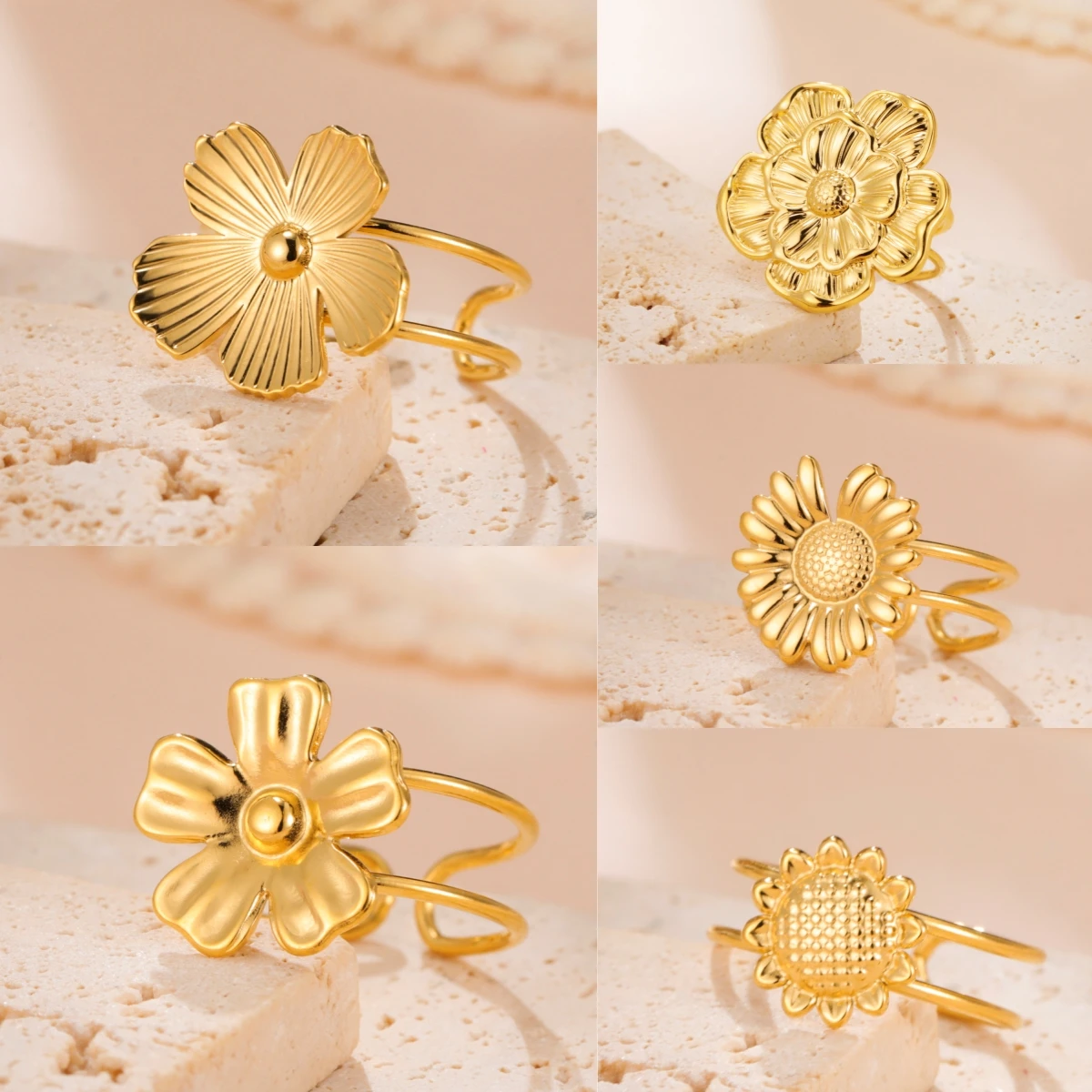 Unift Big Bloom Flower Open Rings for Women Stainless Steel Waterproof Bohemian Gold Color Ring Aesthetic Wedding Jewelry Gift