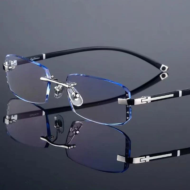 New Fashion Diamond Trimmed Reading Glasses Men Frameless Business Anti Blue Light Eyeglasses Anti Radiation Diopter Glasses