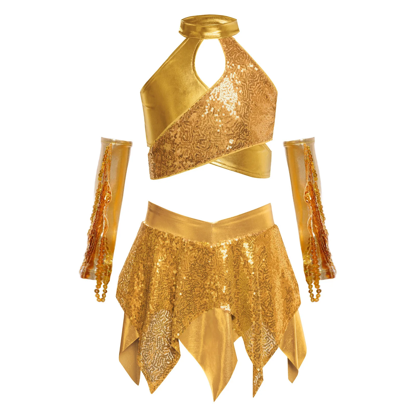 Kinder Mädchen Jazz Dance Kostüm Outfit Latin Tango Cha-Cha Salsa Dancewear Glitzerndes Pailletten Crop Top mit Rock und Quasten Handschuhen