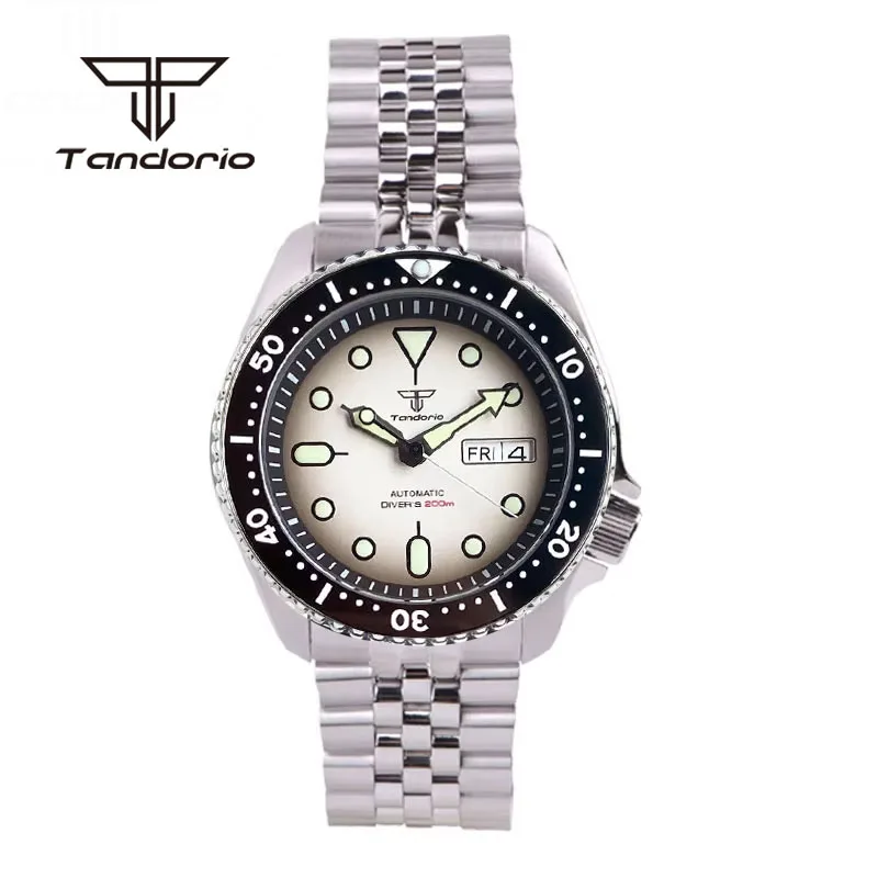 Tandorio NH36 Double Date 41mm skx007 Style Automatic Men Dive Watch 20BAR White Gradient Sapphire Mechanical Watches Green Lume