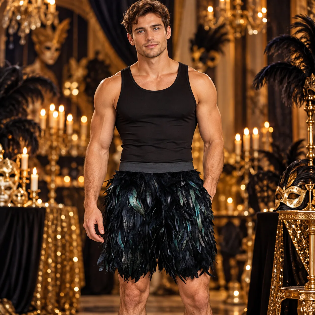Unisex Black Feather Skirt Shorts Elastic Waist Feather Bottoms Halloween Club Stage Performance Cosplay Outfit