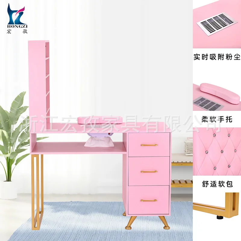 Pink gilt manicure table Built-in vacuum cleaner with wrist pad Partitioned storage manicure table