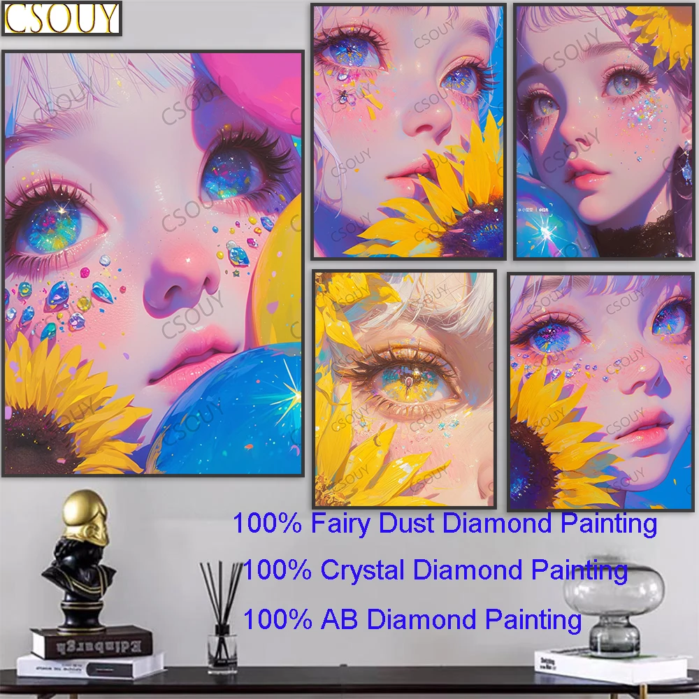 

Sunflower Girl Eyes 100% Fairy Dust Square Diy Diamond Painting Cross Stitch Embroidery Mosaic Home Decor Needlework Crystal AB