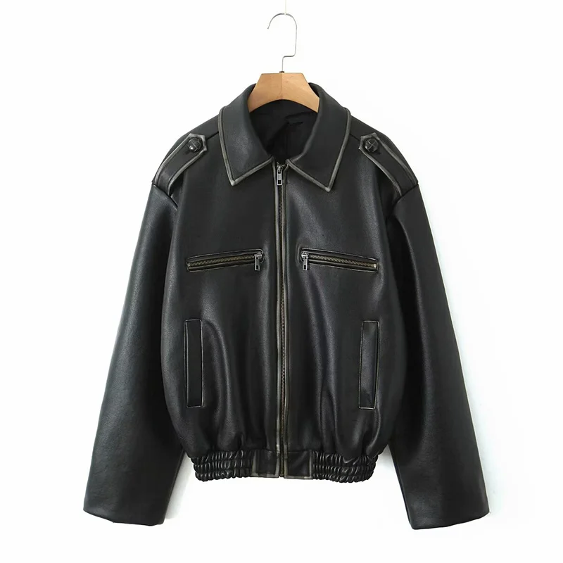 Maxdutti Jaket Kulit Vintage Minimalis Prancis untuk Wanita Musim Gugur Musim Dingin Jaket Kulit Model Boyfriend Wanita