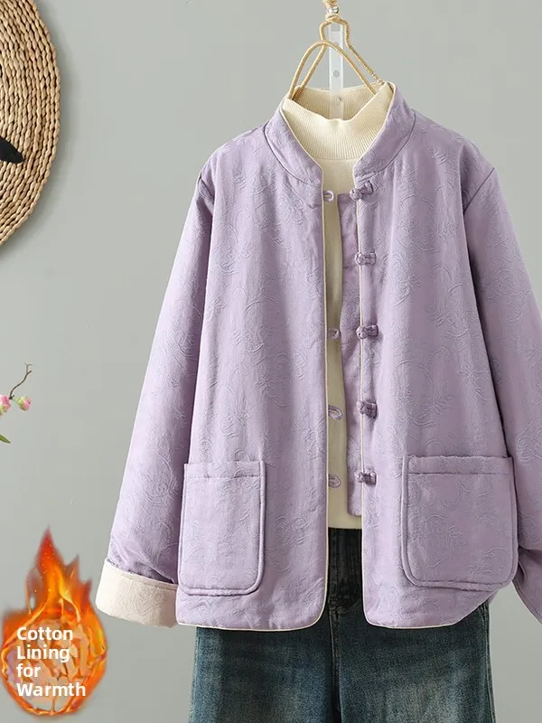 

Double-Sided Wear Cotton Jacket Autumn Winter Style Embroidered Stand Collar Loose Fit Chinese Ethnicity Retro Button Design