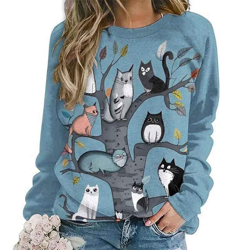 Cute Cat Floral Sweatshirts Flower 3D Print Women New O-Neck Hoodies Casual Streetwear Y2k Pullovers Harajuku Top Woman Clothing
