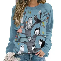 Cute Cat Floral Sweatshirts Flower 3D Print Women New O-Neck Hoodies Casual Streetwear Y2k Pullovers Harajuku Top Woman Clothing