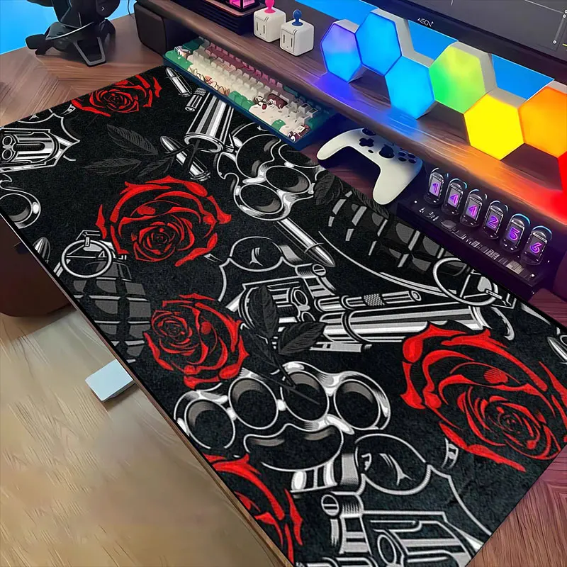 

Large Red Rose and Steel Gun Mouse Pad Gothic Style Durable Desk Mat Non-slip Rubber Base Washable PC Pads for Gaming & Office
