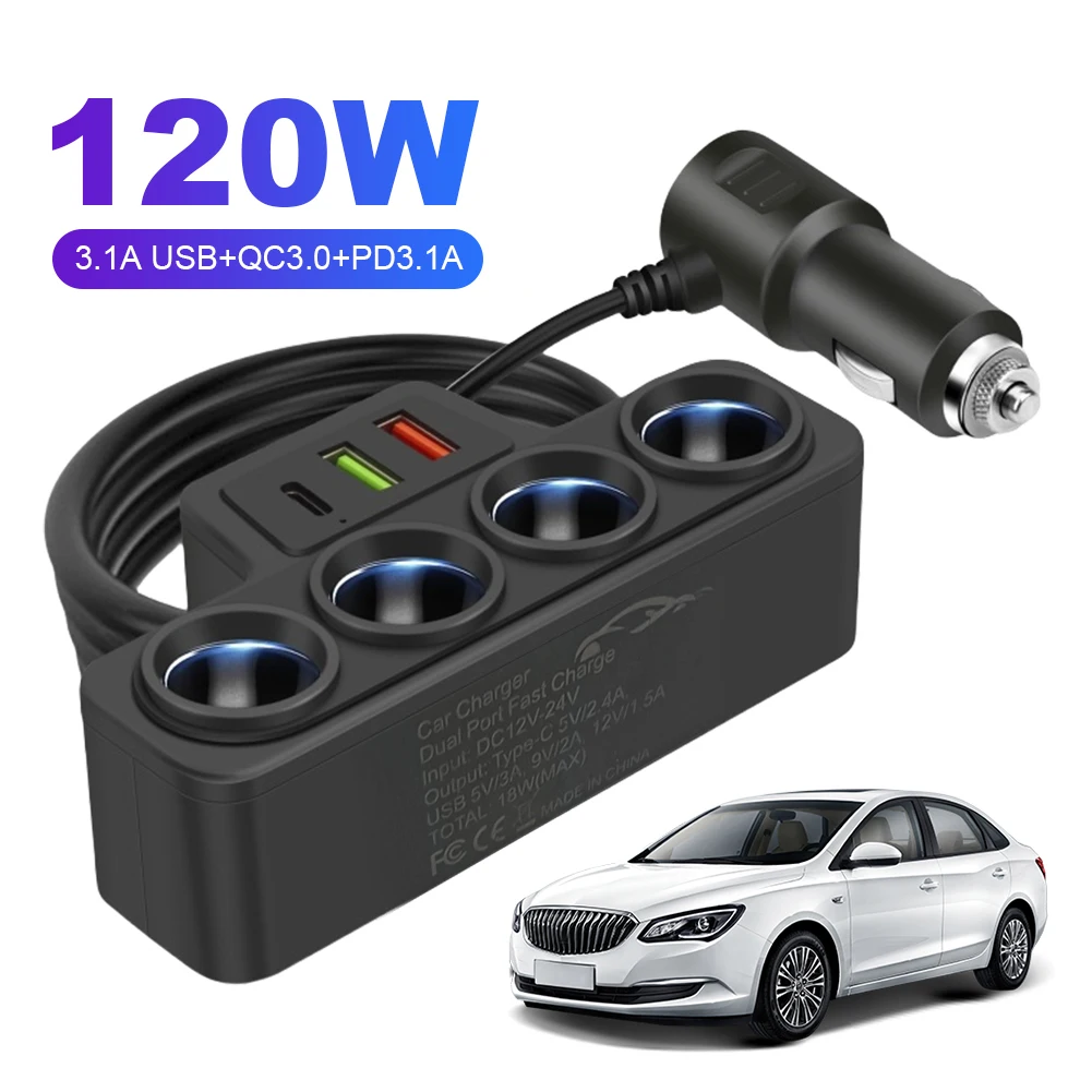 12V 24V Car Cigarette Lighter Splitter with 4 Outlets and 3 USB Ports Fast Charging QC3.0 PD3.1A  Phone Power Adapter
