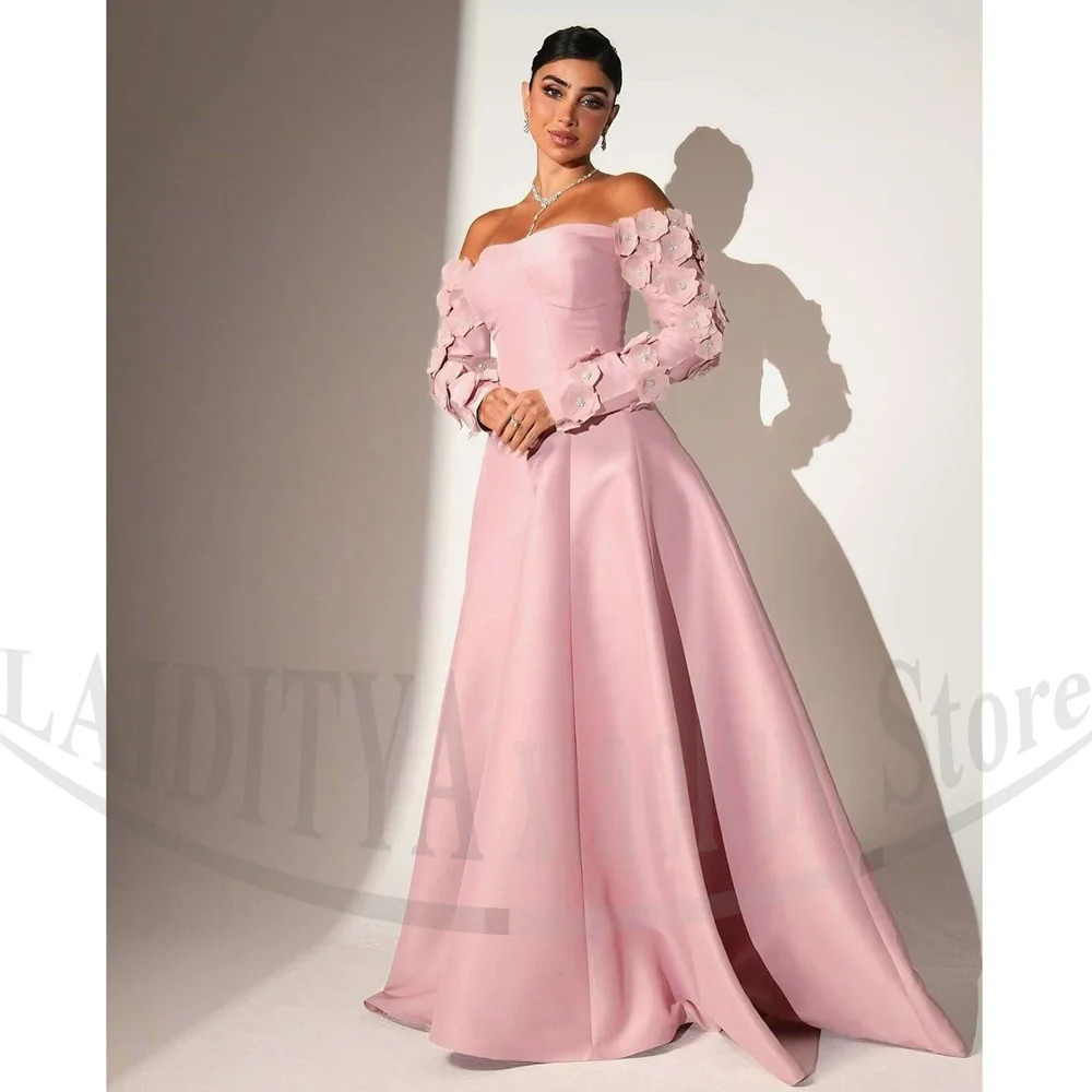 Vestidos de noite com flores mangas compridas mulheres vestidos de festa de casamento moda sem alças varredura trem formal personalizado vestidos de baile