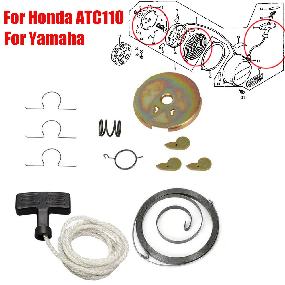 For Honda ATC 110 185/S 200/S Recoil Starter Spring Rope Handle Pull Rebuild Kit For YamahaTri Moto 125 175 YT125 YT175