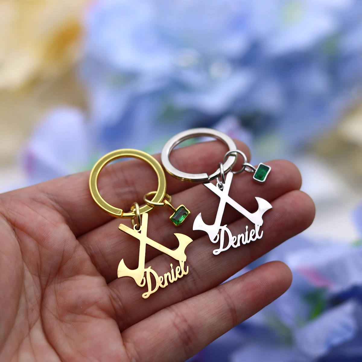 Personalized Custom Name Axe Birthstone Key Ring, Minimalist Design With Crystal Charm Fashion Accessory For Keys Bags Daily Use