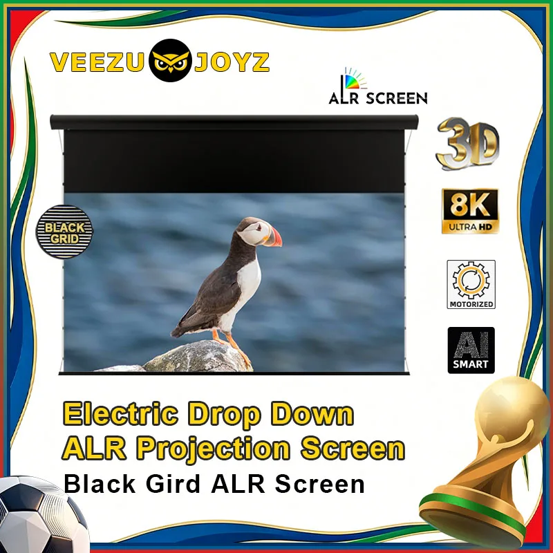 Electric Drop Down Black Grid ALR UST Projection Screen 150 16:9 Wall Mount Motorized Projection for Ultra Short Projectors