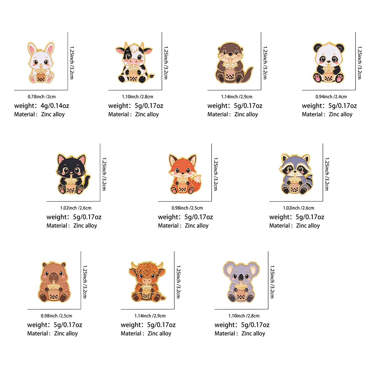 10er-Set Niedliche Boba-Milchtee-Tier-Emaille-Pins: Schwarze Katze, Capybara, Panda, Koala Broschen für Rucksack, Revers, Abzeichen, Schmuck-Accessoires – Detail 1