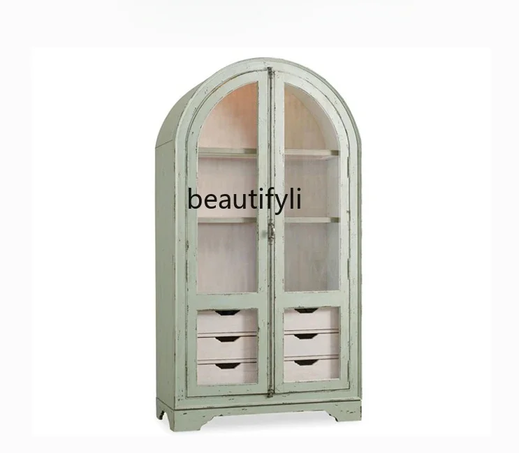 

V American Country Solid Wood Bookcase Storage Cabinet Multi-Layer Bookshelf Arch Retro Display Cabinet