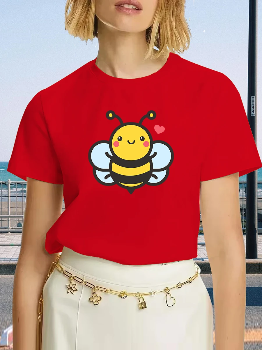 T-shirt casual da donna a maniche corte T-shirt girocollo traspirante con stampa floreale e ape simpatico cartone animato per la primavera/estate