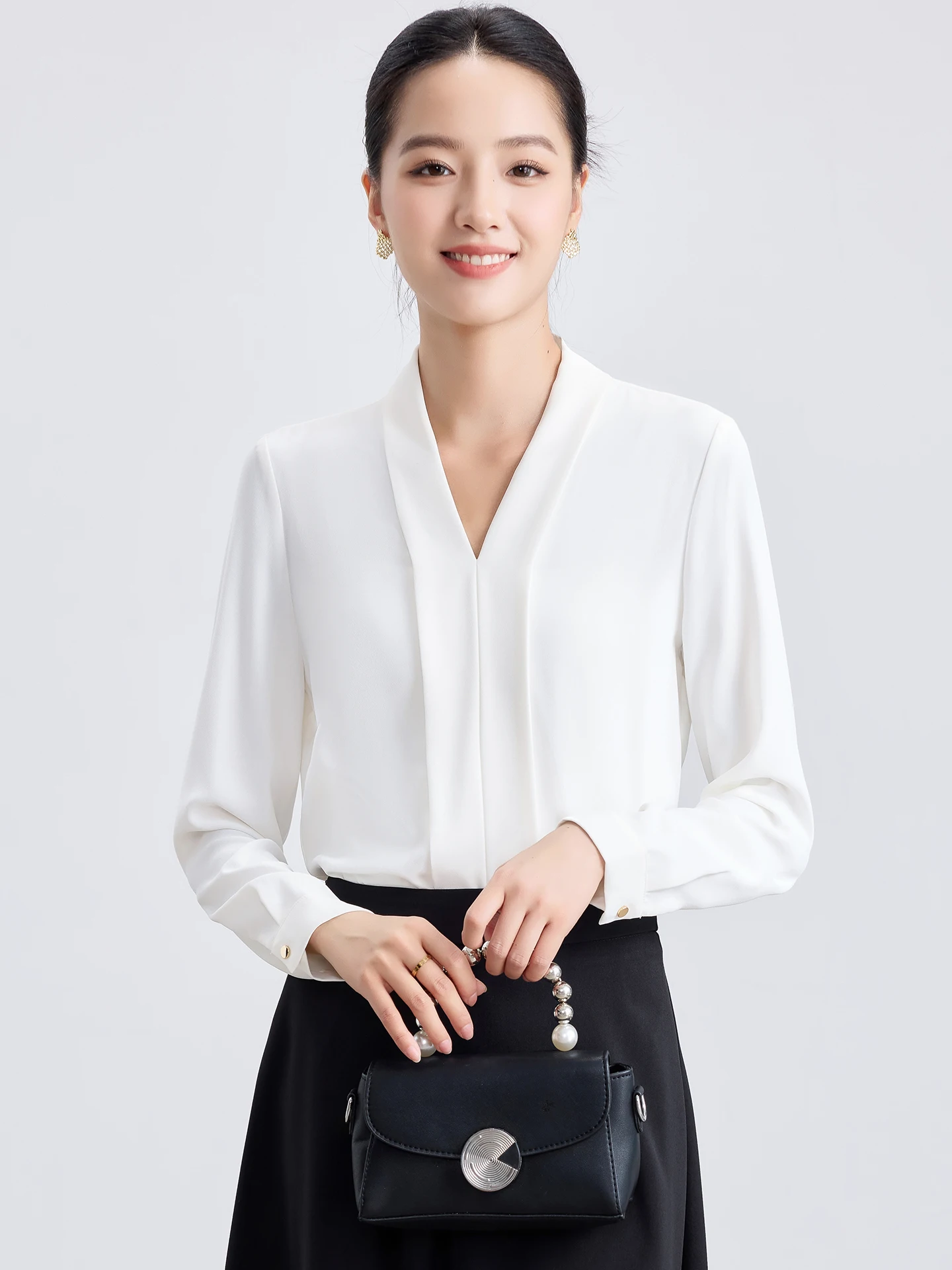 

White V-Neck Business Shirt Women's Spring Autumn New Style Commute Formal Dress Code Interview Outfit Skirt Set Straight Cut