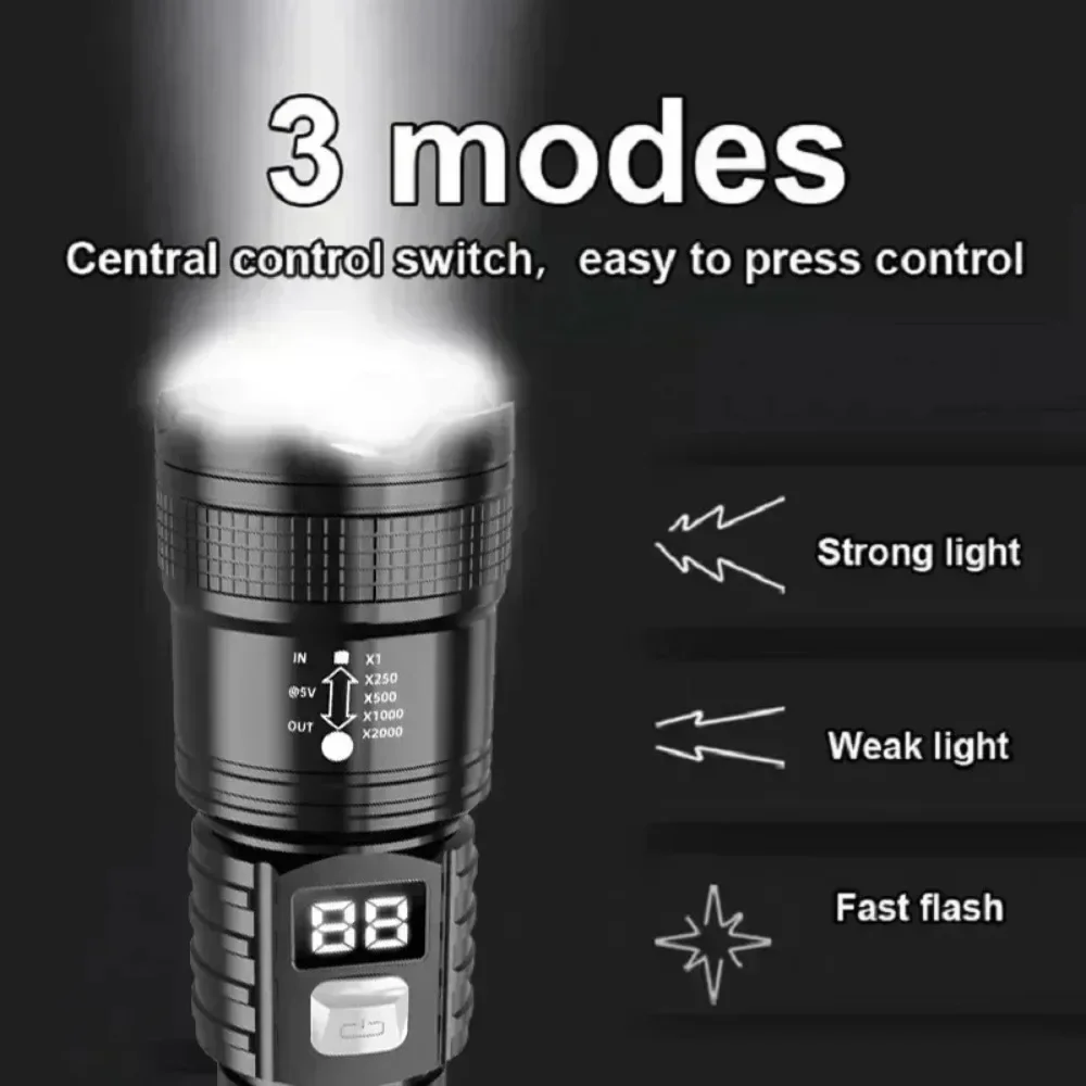 High Power LED Flashlights USB Rechargeable Hand Light with Built-in Battery Super Bright Torch for Outdoor Emergency Camping