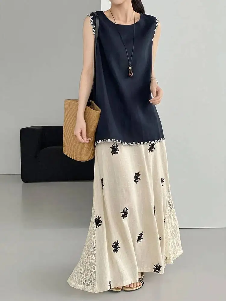 Women Embroidery Linen Big Size Tank Tops New Round Neck Sleeveless Personality Fashion Tide Spring Summer