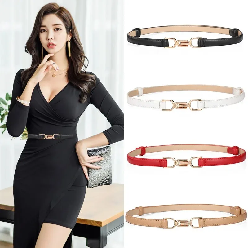 Women Fashion Solid Color Adjustable PU Leather Dress Sweater Belts Skinny Thin Women Waist Strap Gold Color Buckle Belts Supply