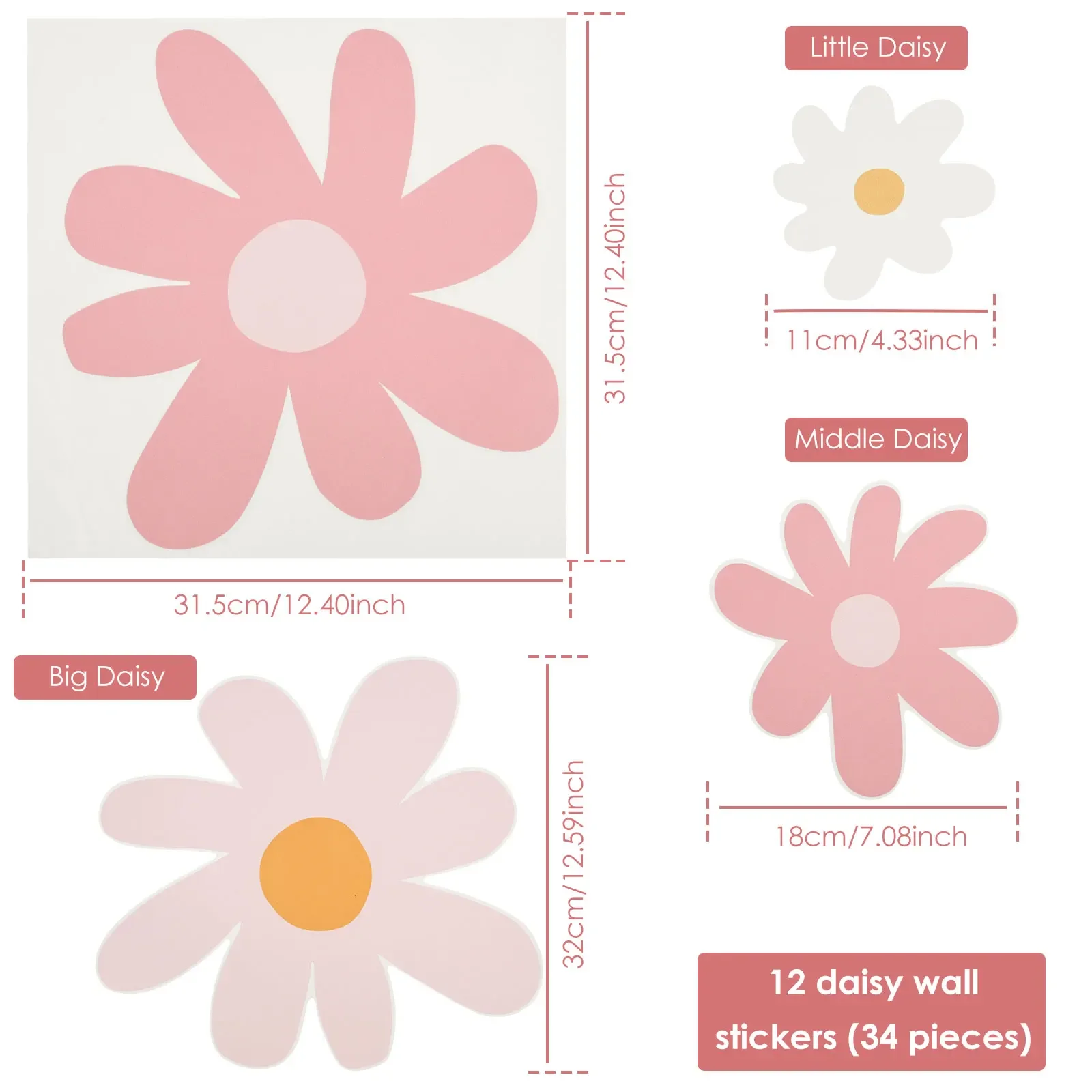 12 Sheets Cute Daisy Floral Wall Stickers PVC Daisy Wall Decals DIY Decorative Baby Nursery Bedroom Peel and Stick Window Decals