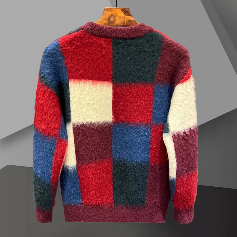 O-Neck Pullover Korean Sweater Plaid Contrasting Color Stitching Print Knitted Sweater Men Pull Homme Color Fall Winter Sweater