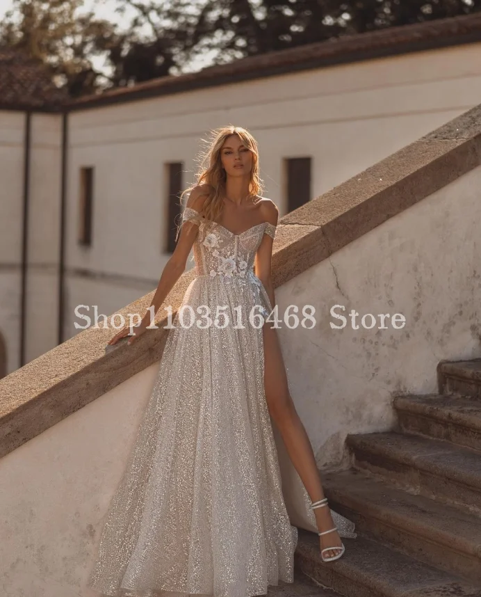 

Elegant One Shoulder Wedding Dress 2024 Sparkling White Applique Inlaid Sequins Sexy Split Customised Long Wedding Party Dress