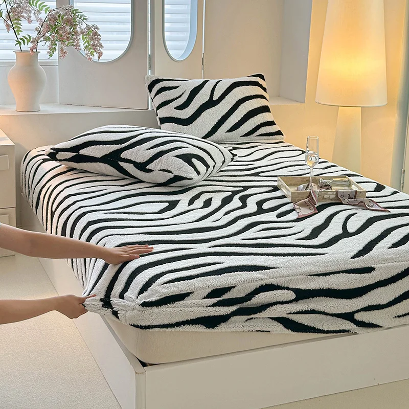 Zebra Striped Fitted Sheet Winter Thickened Warm Bed Sheet on elastic Single/Queen/King Size Flannle Fleece Bed Sheets 침대패드