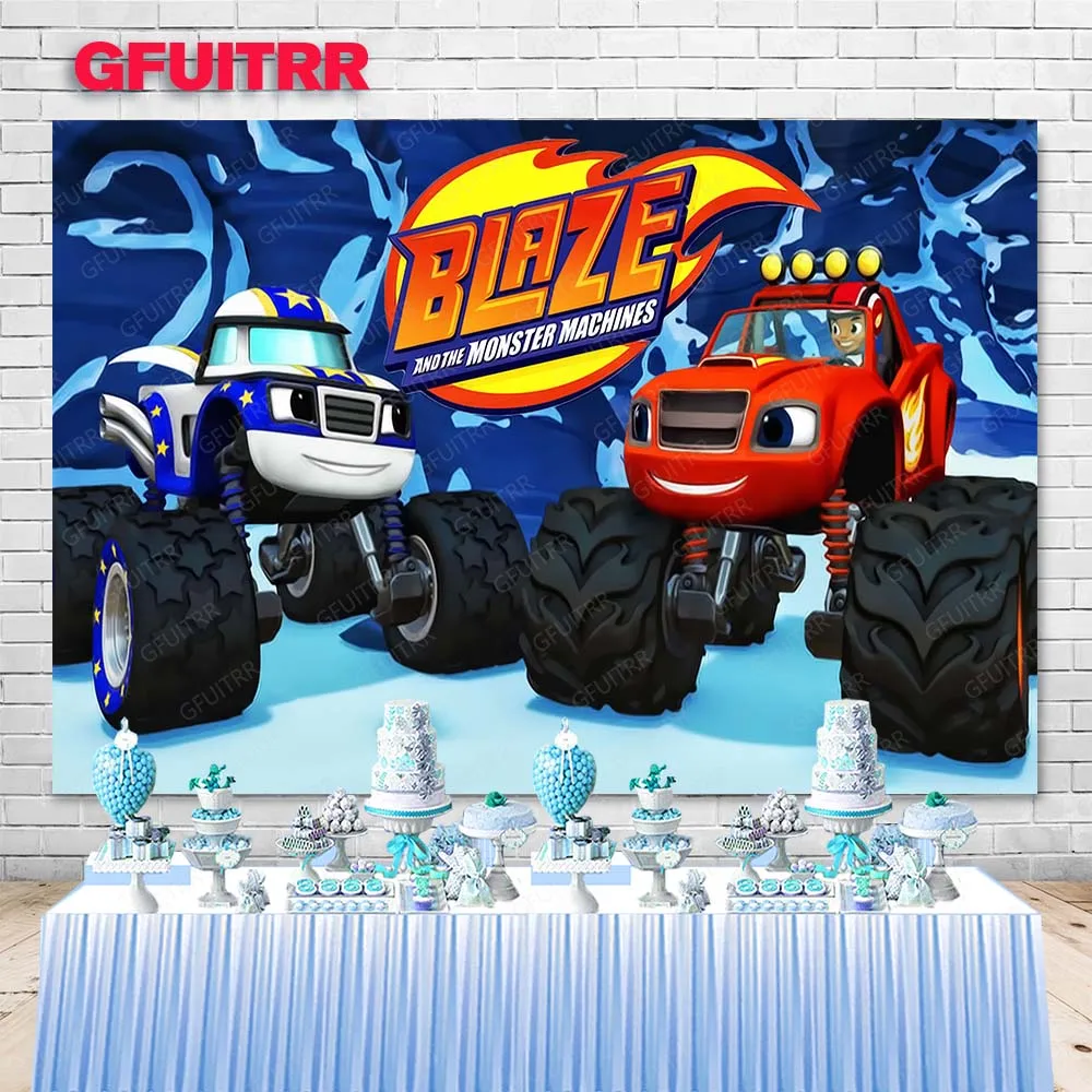 GFUITRR Blaze and the Monster Machine Photography Backdrop Boys Birthday Photo Background Red Truck Cars Photo Booth Props