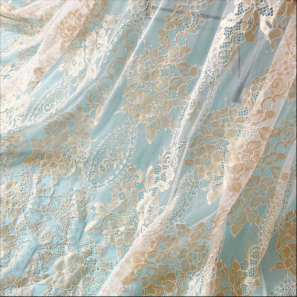 Gold 1.5meter Wide, 3meters Length French Chantilly Lace Fabric Exquisite Wedding Gown