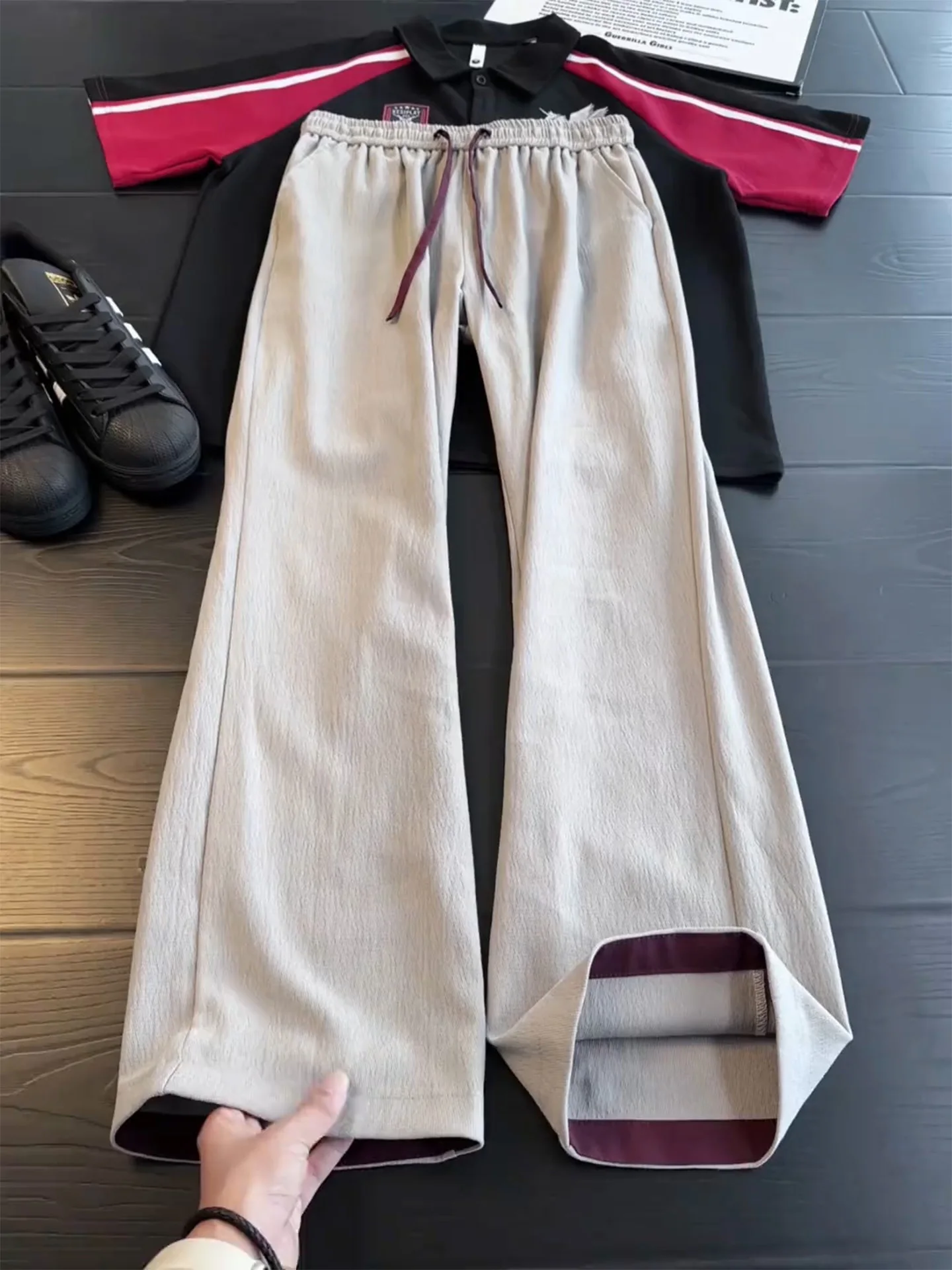 Grey American Contrast Color Splicing Men's Summer Lightweight Breathable Texture Straight Leg Casual Pants Cleanfit
